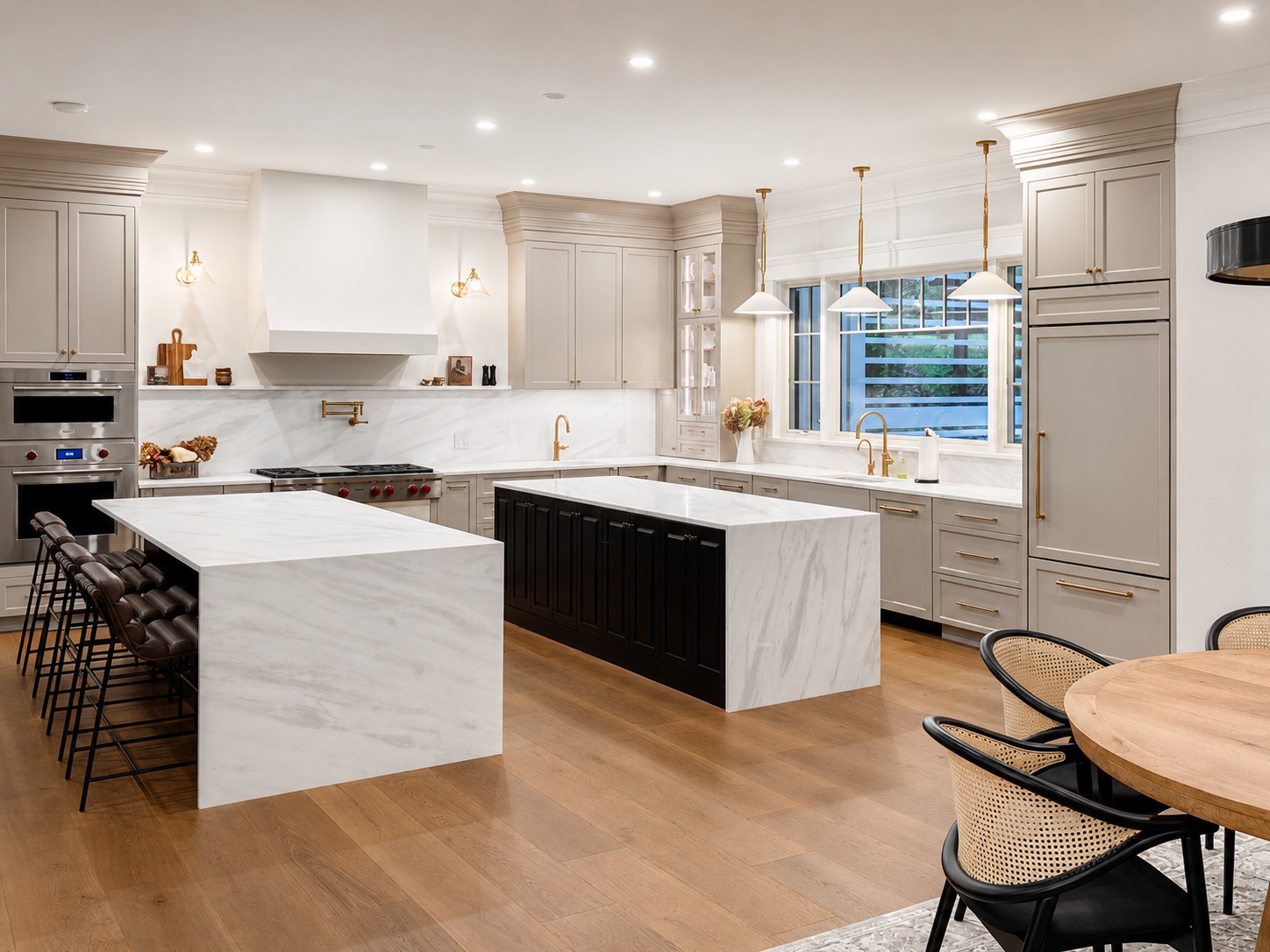 Interior trim painting around staircase, white wall paneling, natural wood rail, and luxury kitchen
