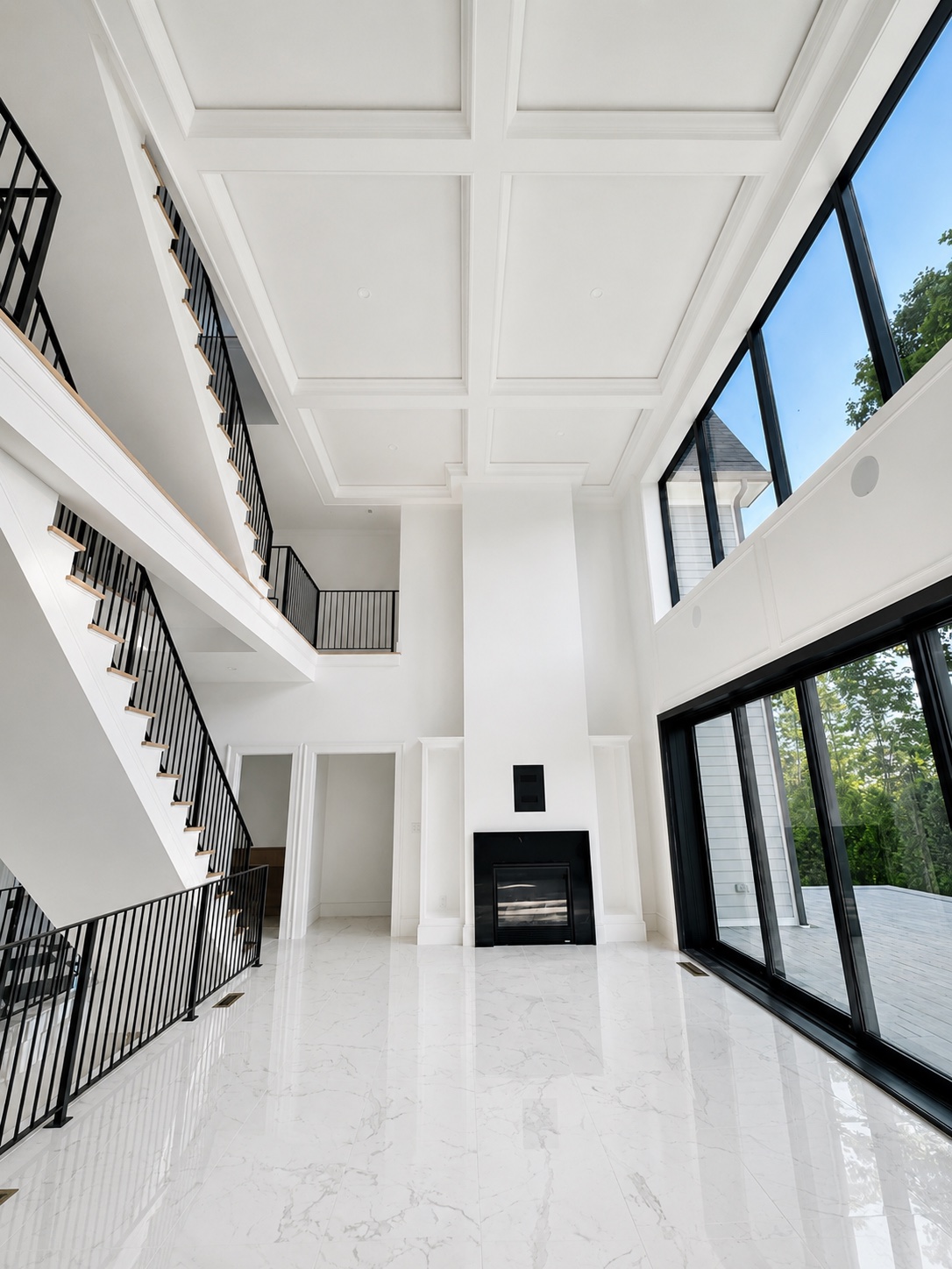 Two-story great room interior painting with white walls, black window trim, and bright natural light