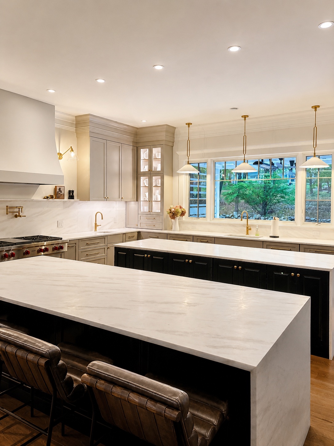 Luxury kitchen cabinet painting with bright white walls, black island, brass fixtures, and marble counters